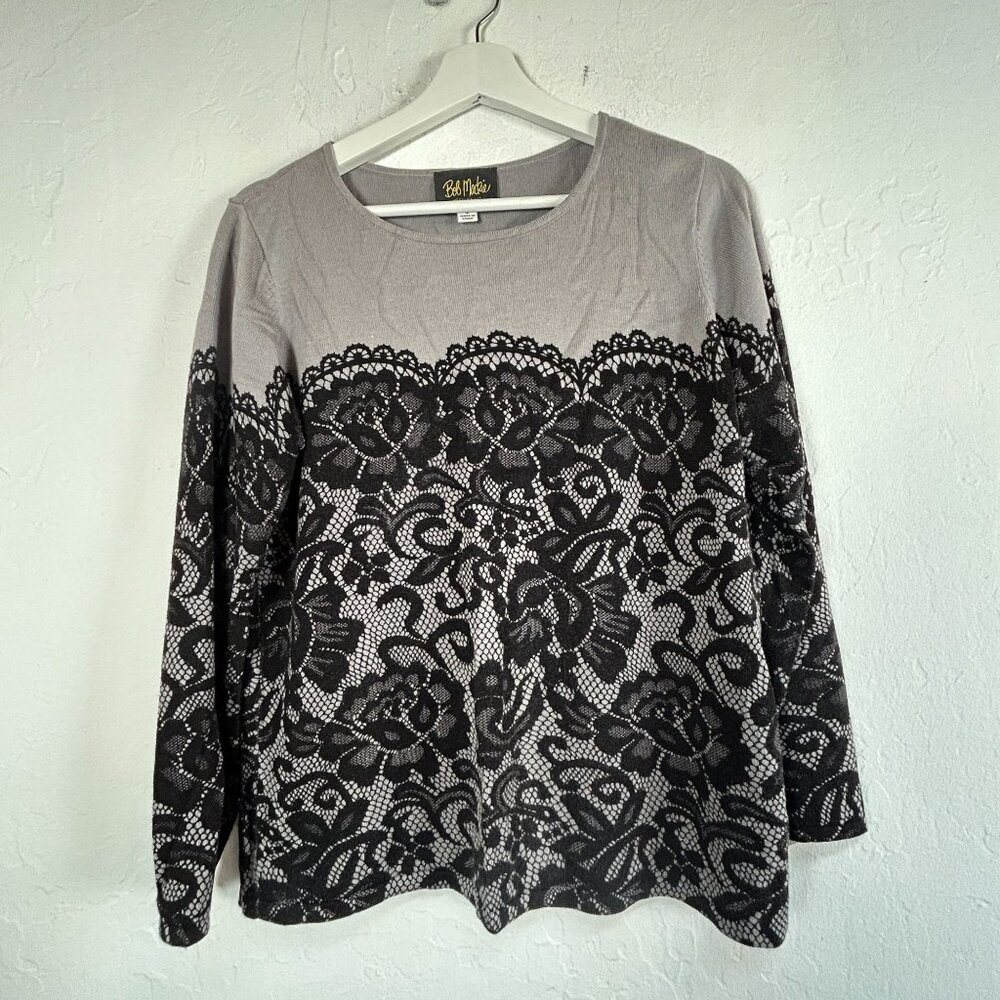 Bob Mackie Womens Long Sleeve Printed Lace Pullover Sweater Small Gray Black New